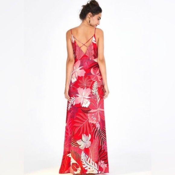 Farm Rio Philipa Maxi Dress size Large Red Tropical Floral Palm Leaf Print Boho - Picture 2 of 14